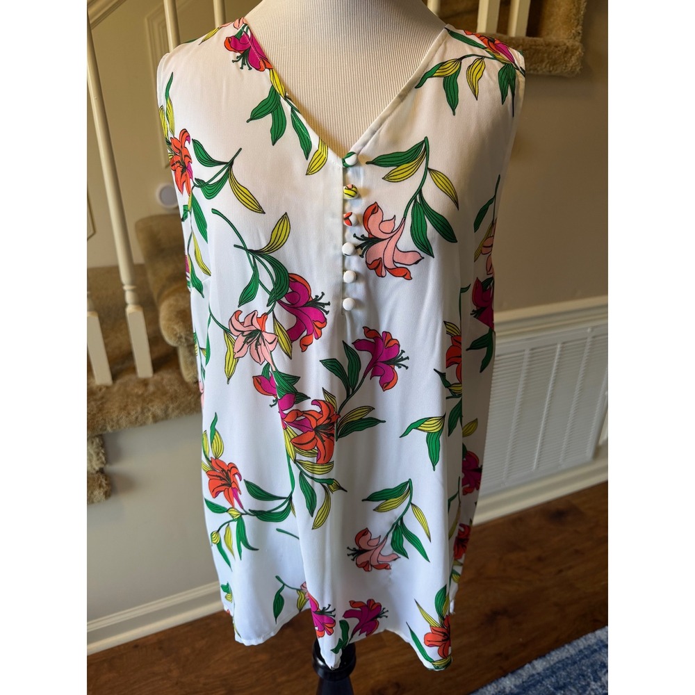 Worthington Womens XL Floral Sleeveless Blouse White V-Neck Tropical Knit Back